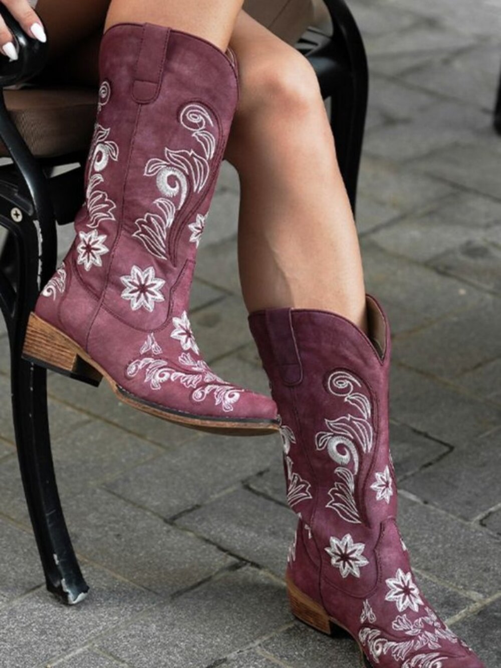 IUV Mid Calf Cowgirl Embroidered Pull-On Boots Dark Pink & White Size 8.5